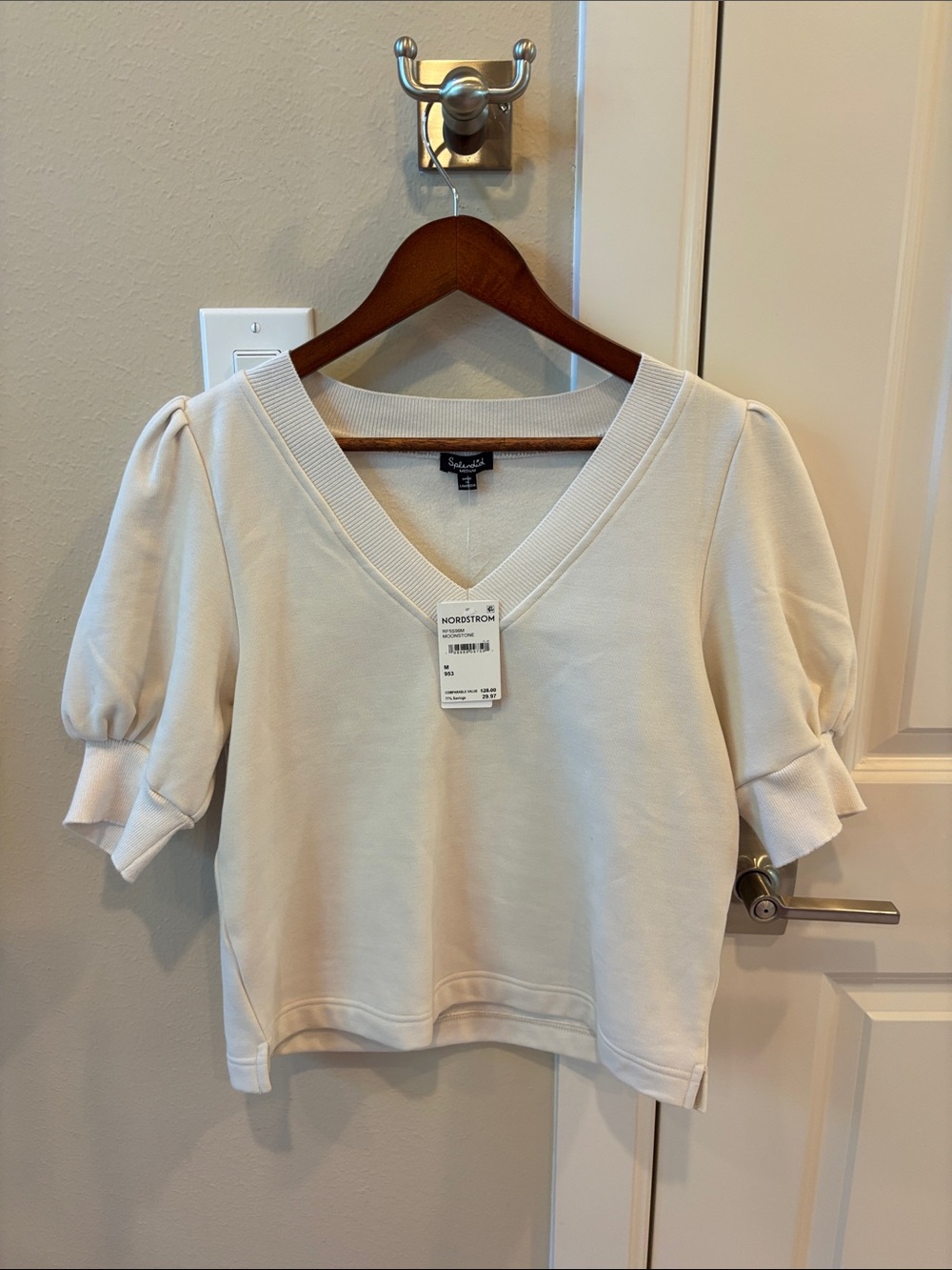 Splendid Cream V-Neck Puff Sleeve Sweatshirt